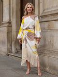 Rosario | Vestido Elegante Estampado con Flecos Mujer Escote Off Shoulder
