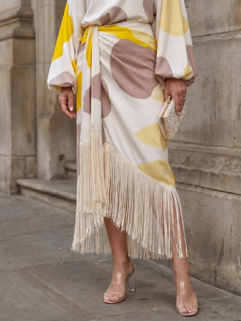 Rosario | Vestido Elegante Estampado con Flecos Mujer Escote Off Shoulder