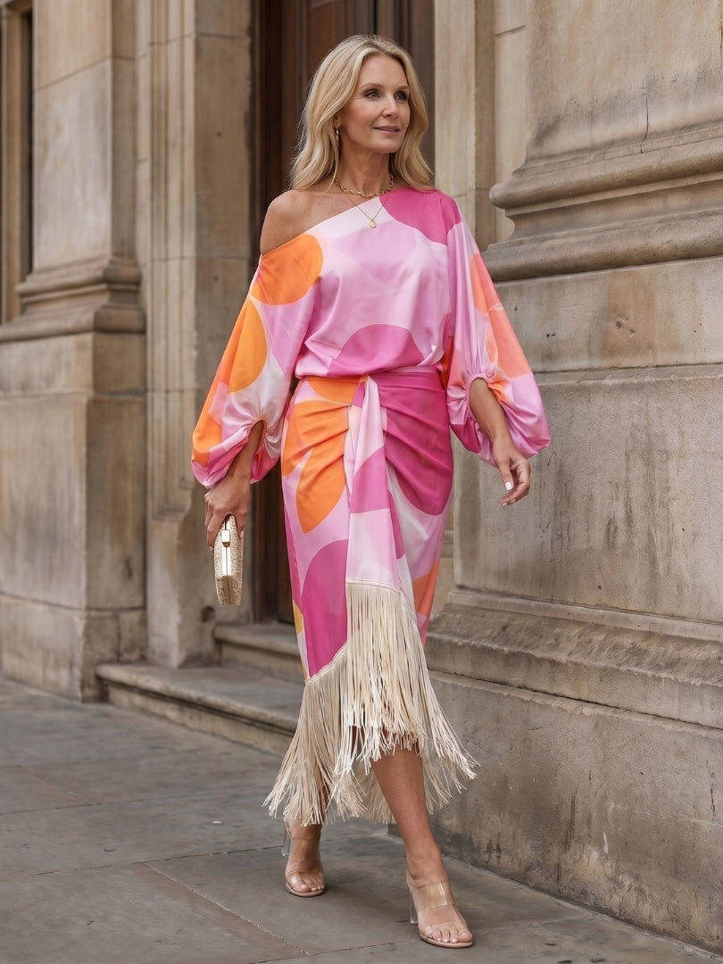 Rosario | Vestido Elegante Estampado con Flecos Mujer Escote Off Shoulder