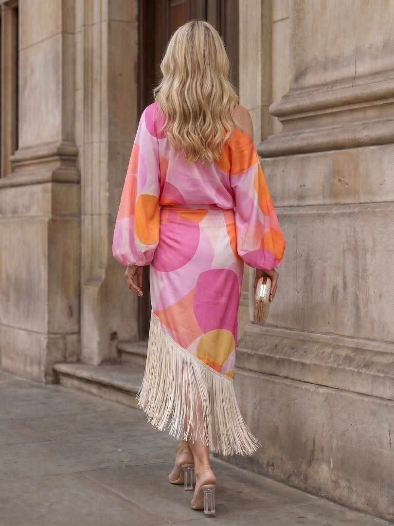 Rosario | Vestido Elegante Estampado con Flecos Mujer Escote Off Shoulder