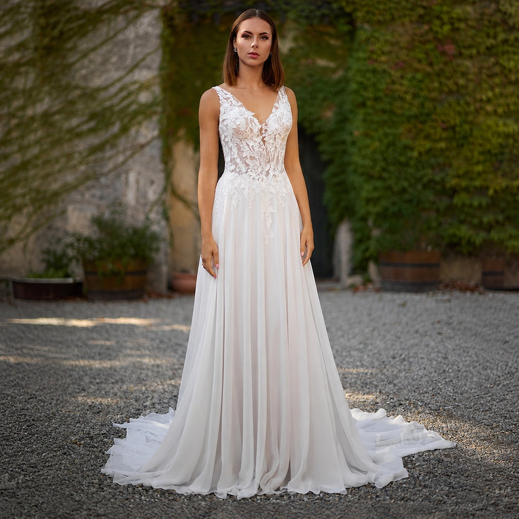 Sofía | Vestido de Novia Boho Mujer Encaje Escote V Sin Mangas
