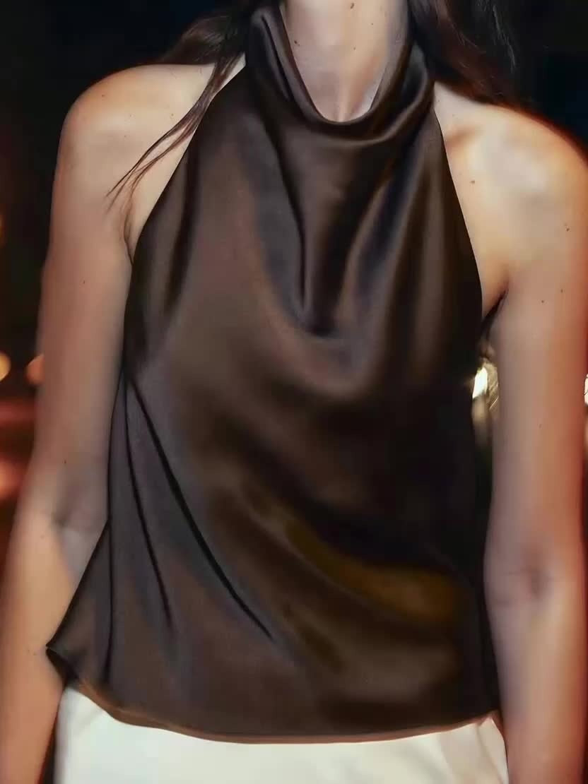 Lucía | Top Halter de Satén Sin Mangas Mujer Espalda Descubierta