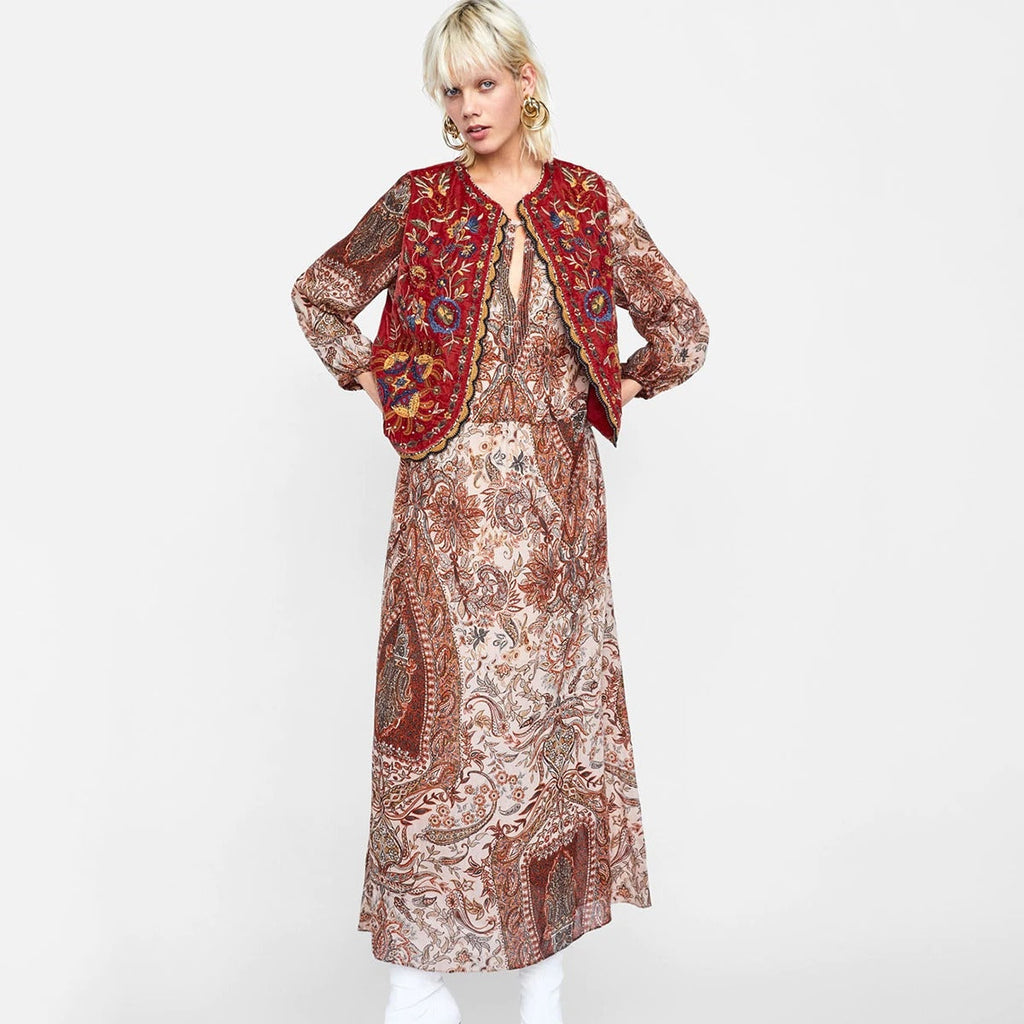Uxía | Chaleco Largo Boho Mujer Estampado Paisley Escote V