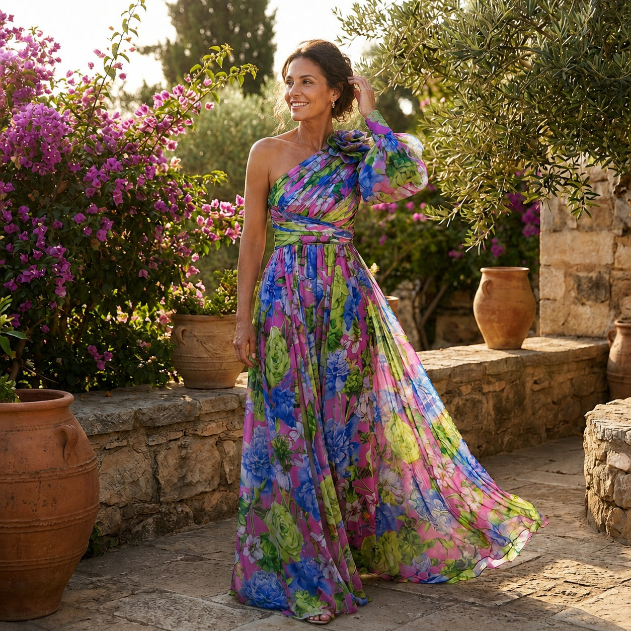 Uxía | Vestido Invitada de Manga Larga Mujer Un Hombro Floral