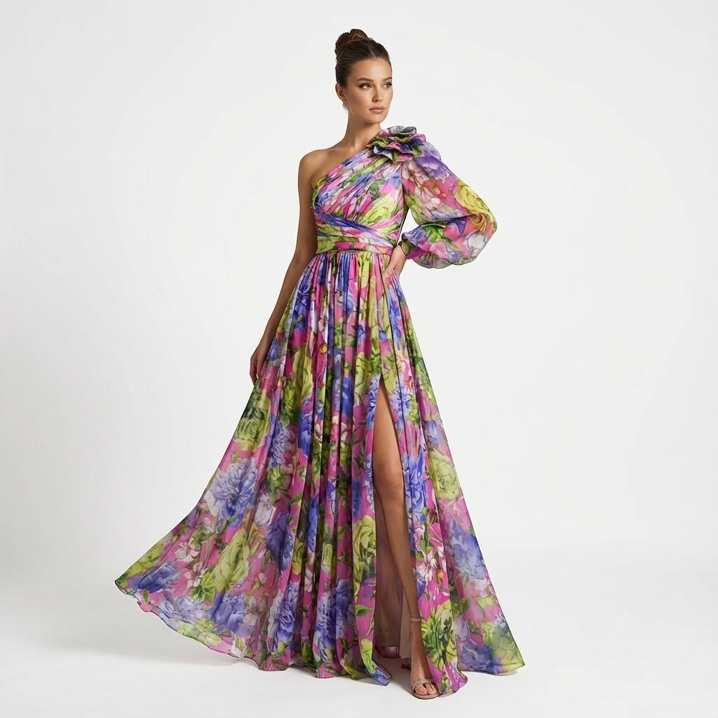 Uxía | Vestido Invitada de Manga Larga Mujer Un Hombro Floral