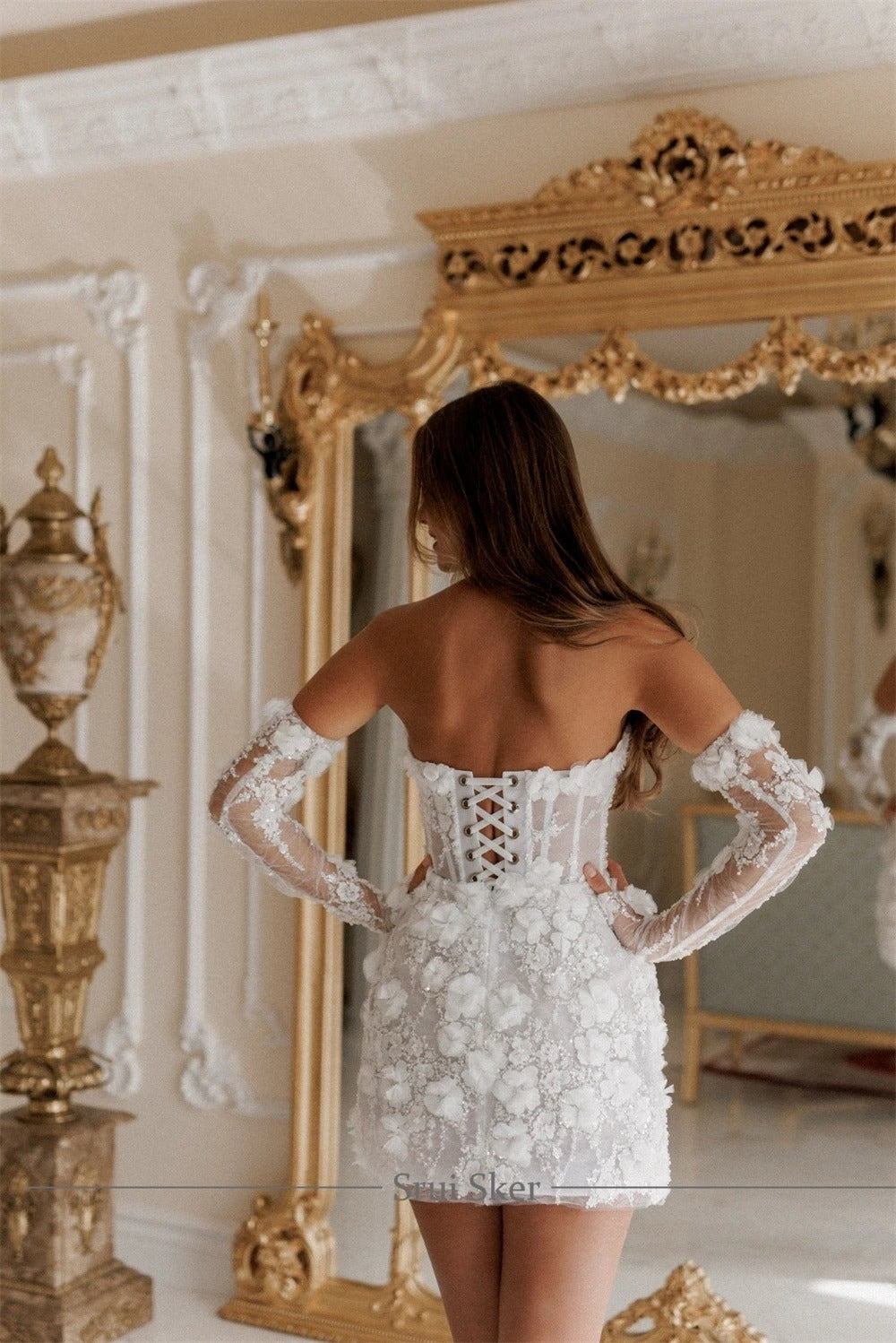 Encarnación | Vestido Corto de Novia Civil con Flores 3D Mujer Encaje