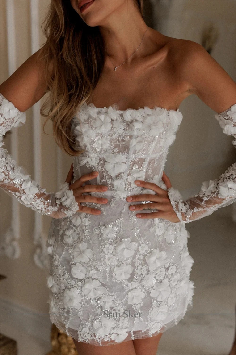 Encarnación | Vestido Corto de Novia Civil con Flores 3D Mujer Encaje
