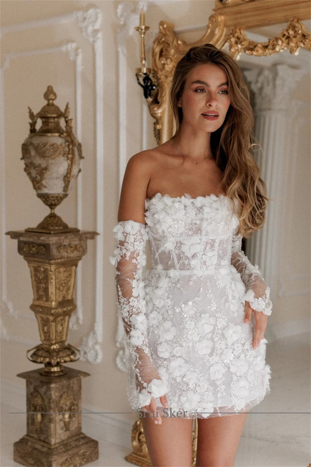 Encarnación | Vestido Corto de Novia Civil con Flores 3D Mujer Encaje