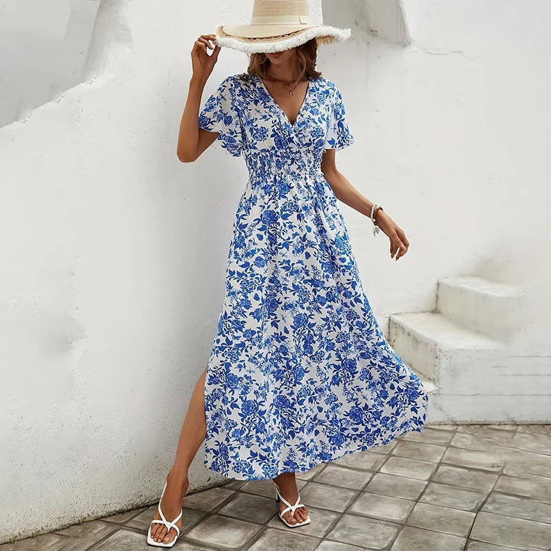 Patricia | Vestido Largo de Fiesta Estampado Floral Mujer Escote V