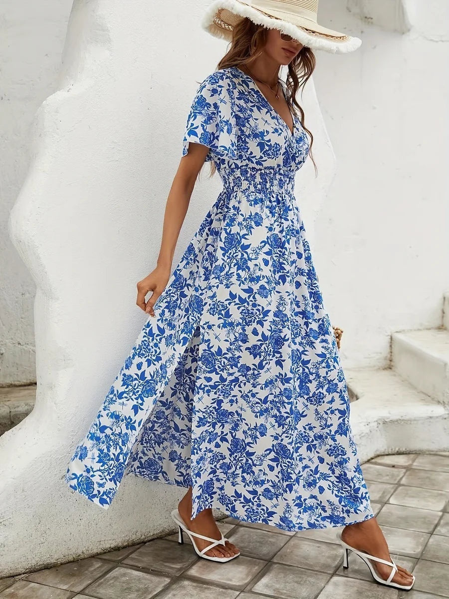 Patricia | Vestido Largo de Fiesta Estampado Floral Mujer Escote V