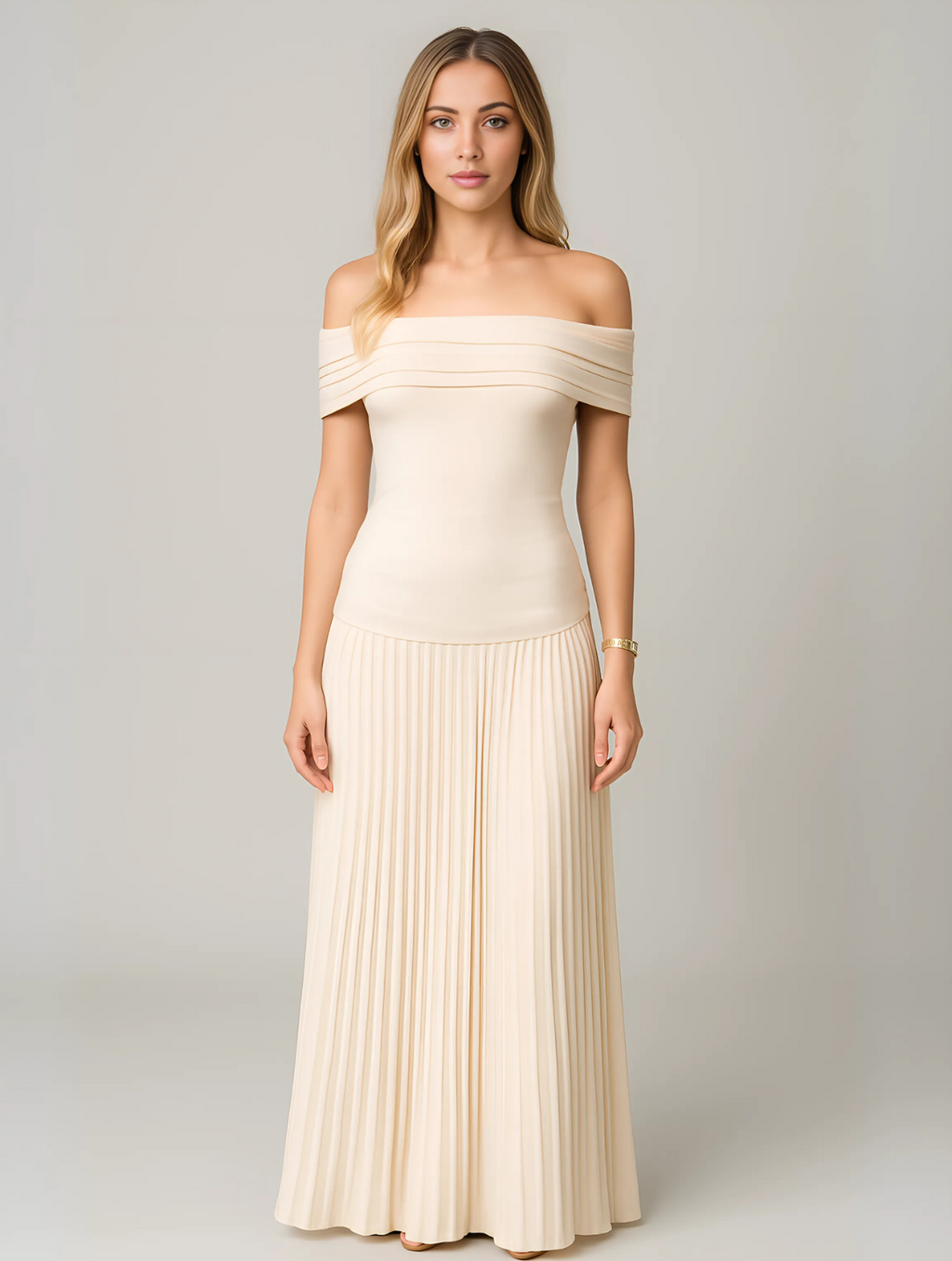 Soledad | Vestido Largo de Fiesta Hombros Descubiertos Mujer Plisado