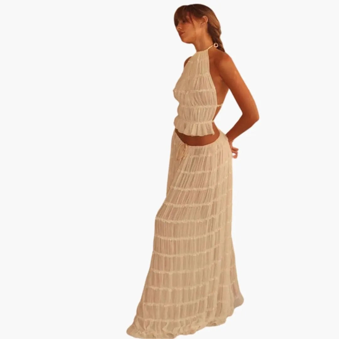Pilar | Conjunto Elegante Mujer Top Halter Falda Larga Volantes