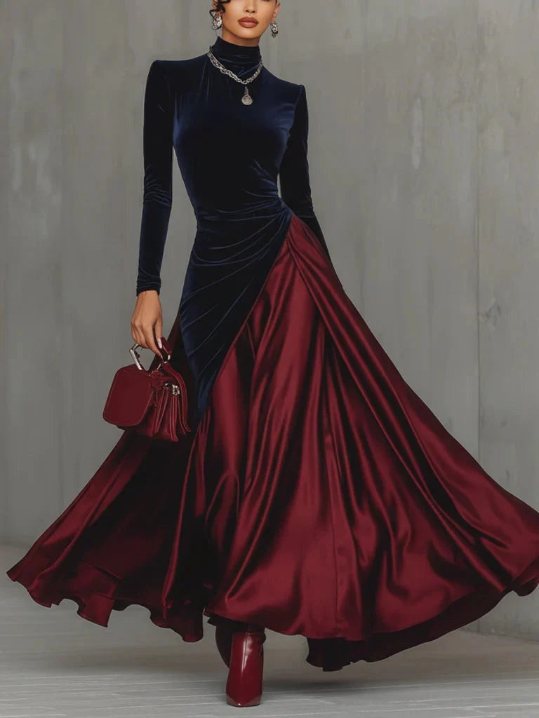 Natalia | Vestido Largo de Fiesta Bicolor Mujer Cuello Alto Manga Larga