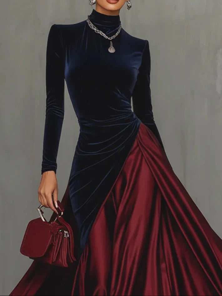 Natalia | Vestido Largo de Fiesta Bicolor Mujer Cuello Alto Manga Larga