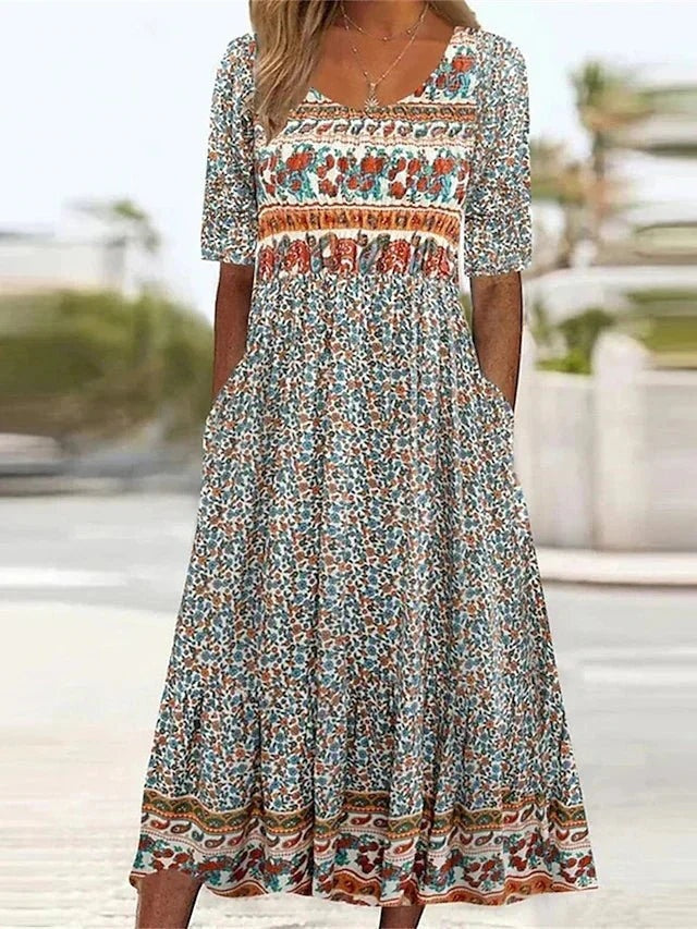Marisol | Vestido Largo de Invitada Estampado Étnico Mujer Cuello Cuadrado