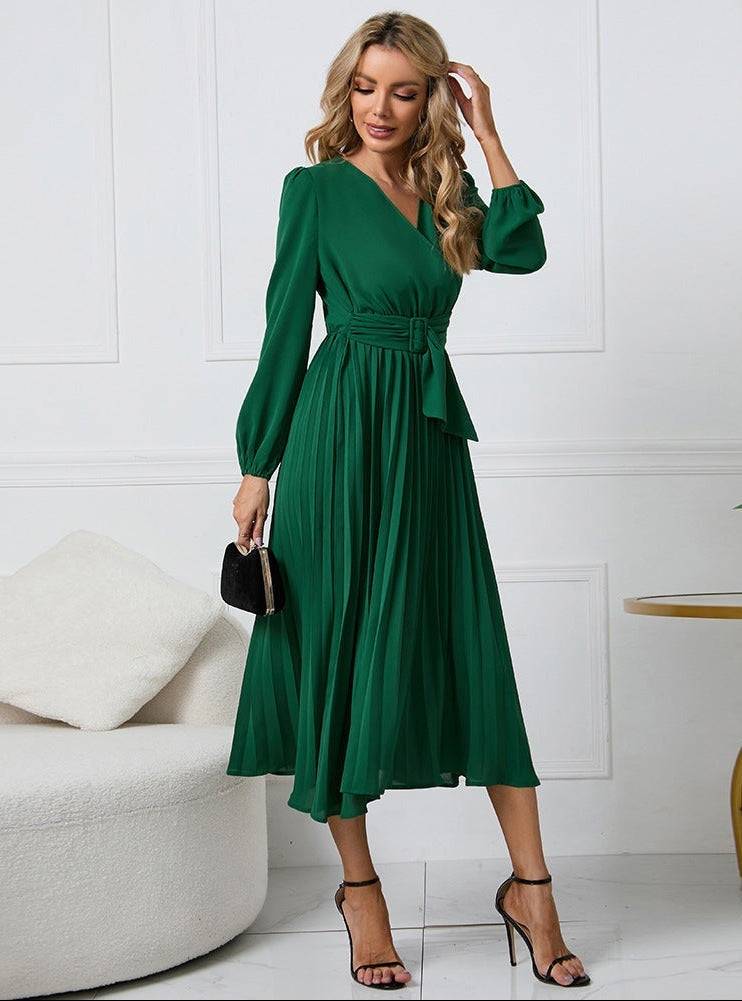 Raquel | Vestido Midi de Invitada de Boda Mujer Manga Larga Plisado
