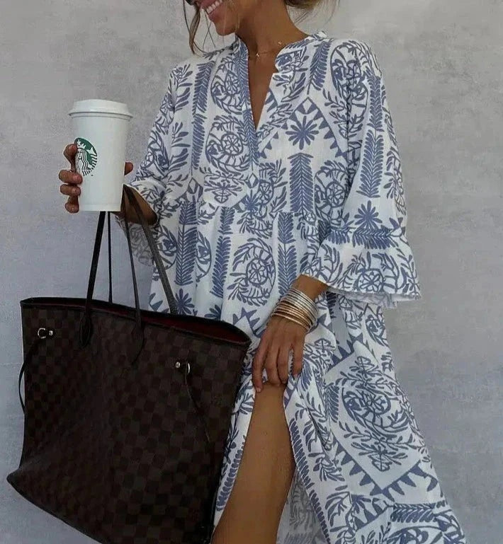 Montserrat | Vestido Midi de Invitada Estampado Geométrico Mujer Manga Larga