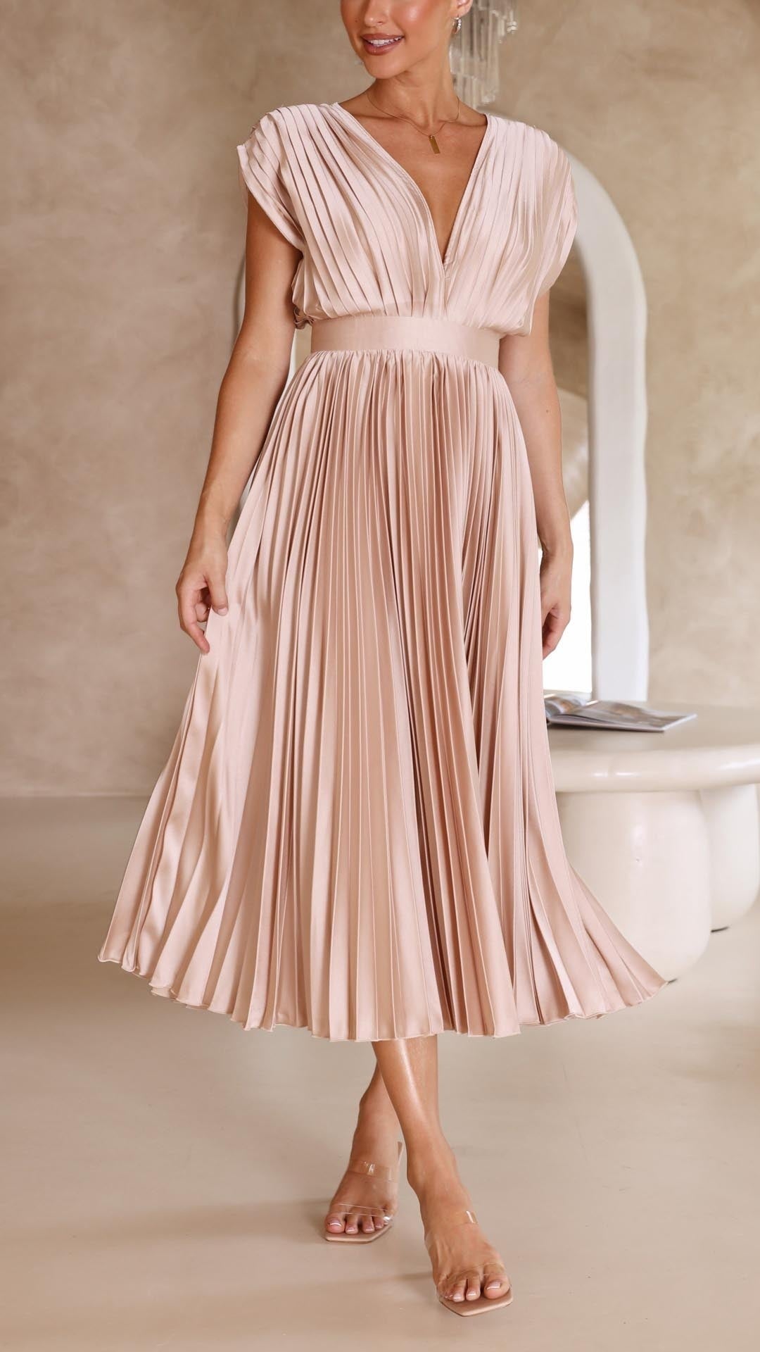Soledad | Vestido Midi Plisado Mujer Escote V Cinturón