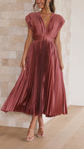 Marisol | Vestido Midi Plisado Mujer Escote V Cinturón