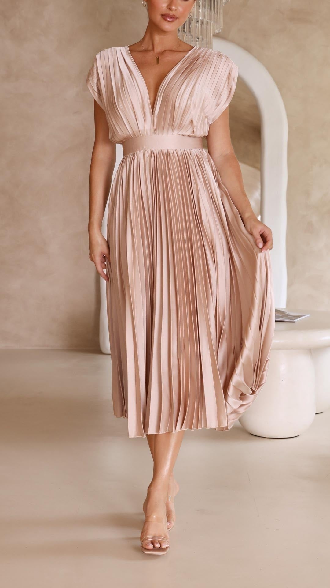 Marisol | Vestido Midi Plisado Mujer Escote V Cinturón